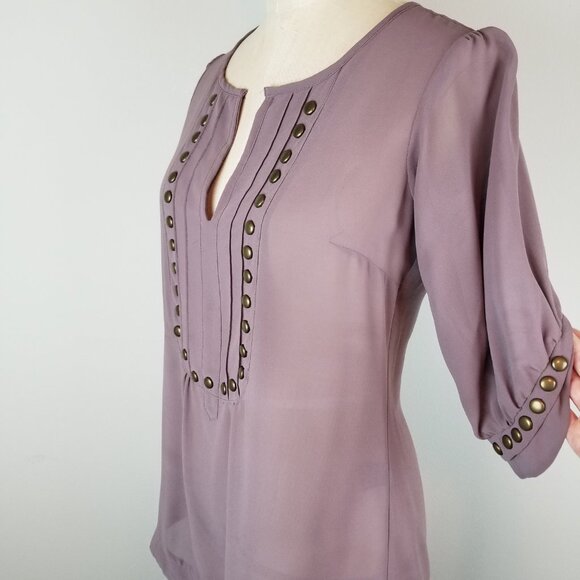 Angie Mauve Chiffon Military Style Button Embellished Blouse * Ladies Size Small - Picture 2 of 7